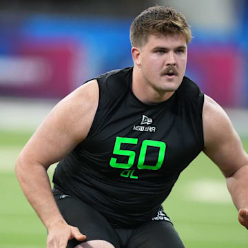 Mar 2, 2025; Indianapolis, IN, USA; North Dakota State offensive lineman Grey Zabel (OL50) during the 2025 NFL Scouting Combine at Lucas Oil Stadium.