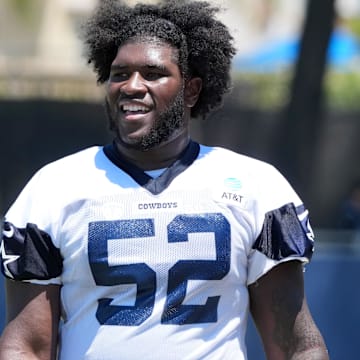 Dallas Cowboys guard Tyler Booker at training camp at the River Ridge Fields.