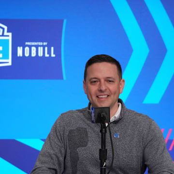Feb 27, 2024; Indianapolis, IN, USA; New England Patriots director of scouting Eliot Wolf during the NFL Scouting Combine at Indiana Convention Center. Mandatory Credit: Kirby Lee-Imagn Images