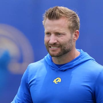 Jun 3, 2025; Woodland Hills, CA, USA; Los Angeles Rams coach Sean McVay during organized team activities at Rams Practice Facility. Mandatory Credit: Kirby Lee-Imagn Images