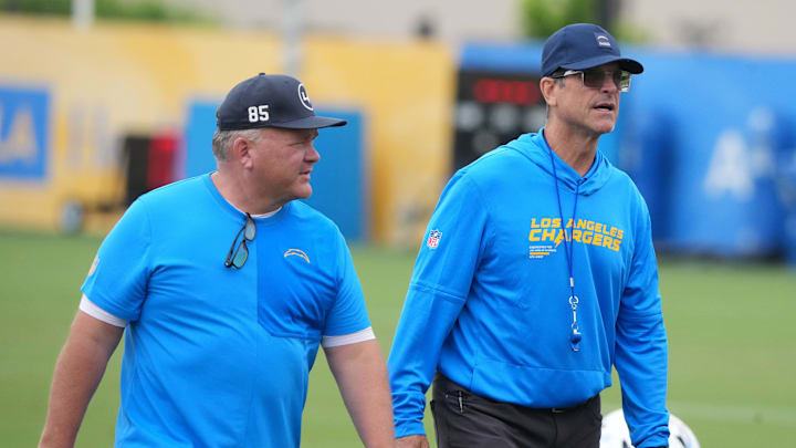 Chargers offensive coordinator Greg Roman with head coach Jim Harbaugh