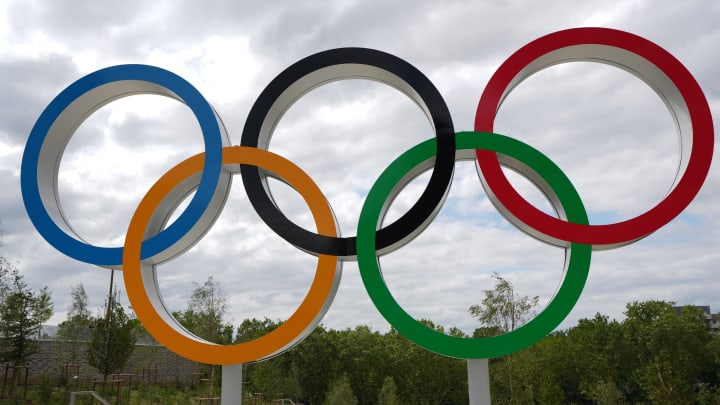 Jul 23, 2024, Saint-Denis, France;  The Olympic rings at the 2024 Paris Olympics athlete village. Mandatory Credit: Kirby Lee-USA TODAY Sports