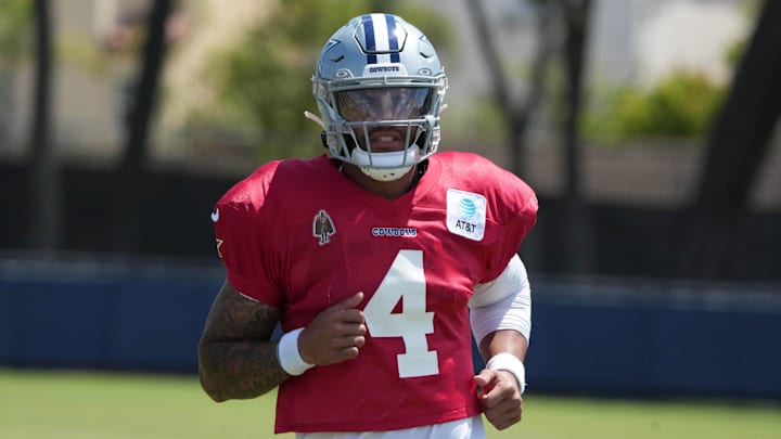 Jul 27, 2025; Oxnard, CA, USA; Dallas Cowboys quarterback Dak Prescott (4) at training camp at the River Ridge Fields. Mandatory Credit: Kirby Lee-Imagn Images
