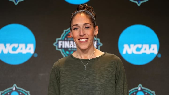 Mar 31, 2022; Minneapolis, MN, USA; ESPN analyst Rebecca Lobo poses during NCAA Womens Final Four press conference at Target Center. Mandatory Credit: Kirby Lee-USA TODAY Sports