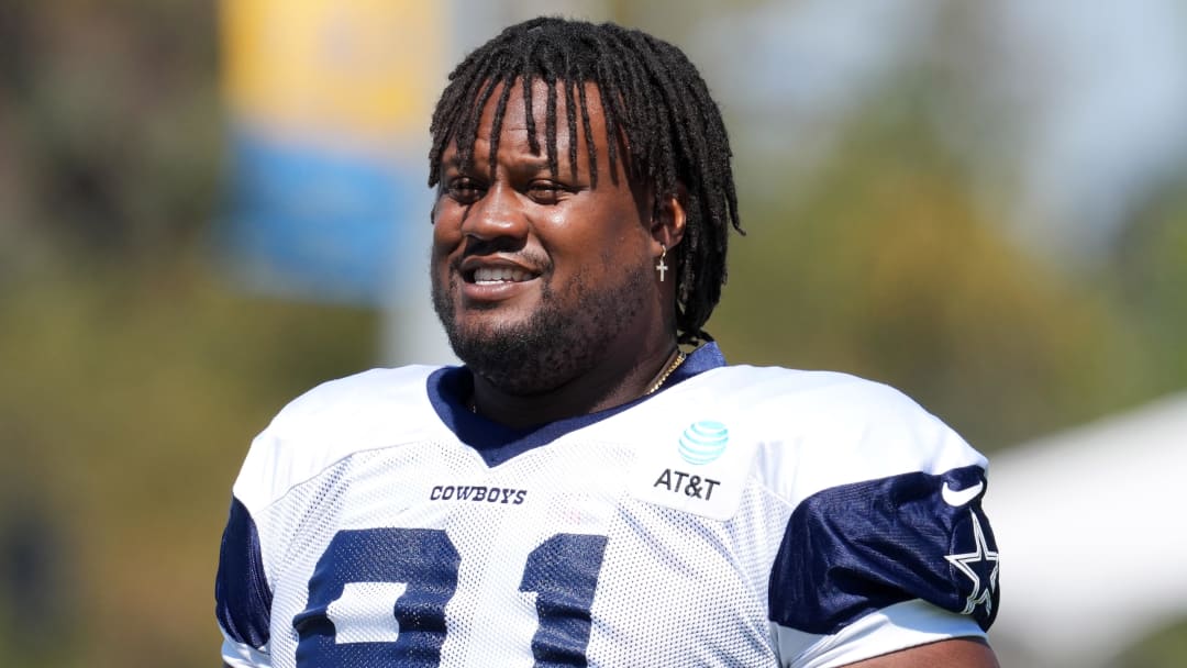 Aug 17, 2022; Costa Mesa, CA, USA; Dallas Cowboys defensive tackle Carlos Watkins (91) looks on during joint practice against the Los Angeles Chargers at Jack Hammett Sports Complex. Mandatory Credit: Kirby Lee-USA TODAY Sports