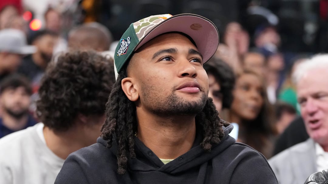 May 1, 2025; Inglewood, California, USA; Houston Texans quarterback C.J. Stroud attends game six of first round for the 2025 NBA Playoffs between the Denver Nuggets and the LA Clippers at Intuit Dome. Mandatory Credit: Kirby Lee-Imagn Images