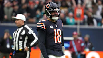 Oct 13, 2024; London, United Kingdom; Chicago Bears quarterback Caleb Williams (18) celebrates after a touchdown against the Jacksonville Jaguars in the second half during an NFL International Series game at Tottenham Hotspur Stadium. Mandatory Credit: Kirby Lee-Imagn Images
