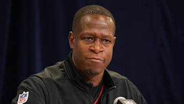 Feb 25, 2025; Indianapolis, IN, USA; Atlanta Falcons coach Raheem Morris speaks during the NFL Scouting Combine at the Indiana Convention Center. Mandatory Credit: Kirby Lee-Imagn Images