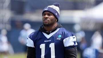Jul 26, 2025; Oxnard, CA, USA; Dallas Cowboys defensive end Micah Parsons (11) at training camp at the River Ridge Fields. Mandatory Credit: Kirby Lee-Imagn Images