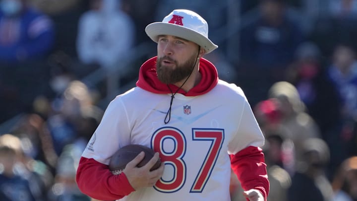 Feb 3, 2022; Las Vegas, NV, USA; Kansas City Chiefs tight end Travis Kelce (87) during AFC practice for the Pro Bowl at Las Vegas Ballpark. Mandatory Credit: Kirby Lee-Imagn Images Feb 3, 2022; Las Vegas, NV, USA; Kansas City Chiefs tight end Travis Kelce (87) during AFC practice for the Pro Bowl at Las Vegas Ballpark. Mandatory Credit: Kirby Lee-Imagn Images