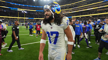 Oct 24, 2024; Inglewood, California, USA; Los Angeles Rams wide receiver Puka Nacua (17) reacts after the game against the Minnesota Vikings at SoFi Stadium. Mandatory Credit: Kirby Lee-Imagn Images