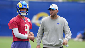 Los Angeles Rams quarterback Matthew Stafford and quarterbacks coach Dave Ragone during organized NFL team activities