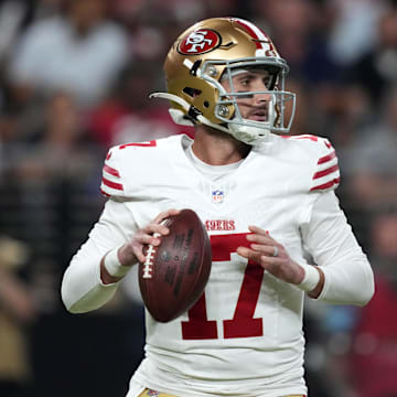 Aug 23, 2024; Paradise, Nevada, USA; San Francisco 49ers quarterback Brandon Allen (17) throws the ball against the Las Vegas Raiders in the first half at Allegiant Stadium. Mandatory Credit: Kirby Lee-Imagn Images