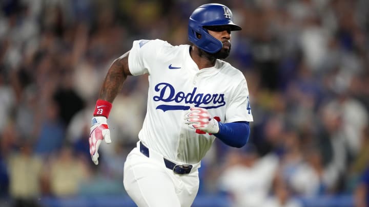 Aug 20, 2024; Los Angeles, California, USA; Los Angeles Dodgers right fielder Jason Heyward (23) runs the bases after hitting a three-run home run in the eighth inning against the Seattle Mariners at Dodger Stadium. Mandatory Credit: Kirby Lee-USA TODAY Sports