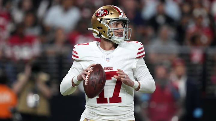 Aug 23, 2024; Paradise, Nevada, USA; San Francisco 49ers quarterback Brandon Allen (17) throws the ball against the Las Vegas Raiders in the first half at Allegiant Stadium. Mandatory Credit: Kirby Lee-Imagn Images