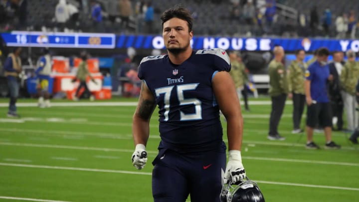 Nov 7, 2021; Inglewood, California, USA; Tennessee Titans offensive tackle Dillon Radunz (75) reacts after the game against the Los Angeles Rams]  at SoFi Stadium. The Titans defeated the Rams 28-16. Mandatory Credit: Kirby Lee-USA TODAY Sports