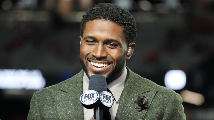 Former USC Trojans star Reggie Bush on the Fox Sports television set at the Pac-12 Championship game at Allegiant Stadium.