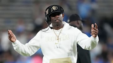 Oct 28, 2023; Pasadena, California, USA; Colorado Buffaloes head coach Deion Sanders reacts against the UCLA Bruins in the second half at Rose Bowl. Mandatory Credit: Kirby Lee-Imagn Images