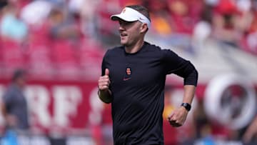 Sep 2, 2023; Los Angeles, California, USA; Southern California Trojans head coach Lincoln Riley reacts against the Nevada Wolf Pack.