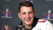 49ers quarterback Brock Purdy speaks to the media during a press conference before Super Bowl LVIII at the Hilton Lake Las Vegas Resort. 