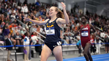 Mar 15, 2025; Virginia Beach, VA, USA; Ceili McCabe of West Virginia wins the women's 3,000m in 9:01.12 during the NCAA Indoor Championships at Virginia Beach Sports Center. Mandatory Credit: Kirby Lee-Imagn Images