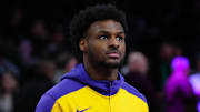 Mar 17, 2025; Los Angeles, California, USA; Los Angeles Lakers guard Bronny James during the game against the San Antonio Spurs at the Crypto.com Arena. Mandatory Credit: Kirby Lee-Imagn Images