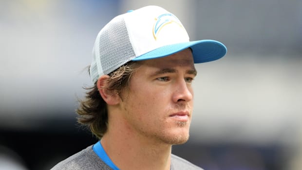 Aug 17, 2024; Inglewood, California, USA; Los Angeles Chargers quarterback Justin Herbert (10) during the preseason