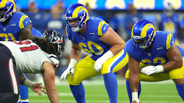 Aug 19, 2022; Inglewood, California, USA; Los Angeles Rams guard Logan Bruss (60) in the first half against the Houston Texans at SoFi Stadium. Mandatory Credit: Kirby Lee-Imagn Images