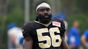 Aug 14, 2025; Carson, CA, USA; New Orleans Saints linebacker Demario Davis (56) during a joint practice against the Los Angeles Rams at the Dignity Health Sports Park. Mandatory Credit: Kirby Lee-Imagn Images