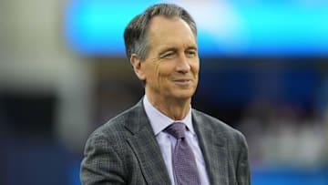 Dec 23, 2023; Inglewood, California, USA; NBC Sports Sunday Night Football analyst Cris Collinsworth during the game between the Los Angeles Chargers and the Buffalo Bills at SoFi Stadium. Mandatory Credit: Kirby Lee-Imagn Images