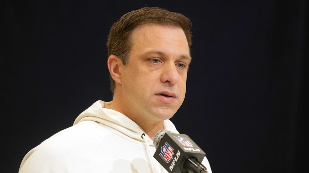 Feb 25, 2025; Indianapolis, IN, USA; Kansas City Chiefs general manager Brett Veach speaks during the NFL Scouting Combine at the Indiana Convention Center. Mandatory Credit: Kirby Lee-Imagn Images
