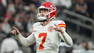 Oct 27, 2024; Paradise, Nevada, USA; Kansas City Chiefs place kicker Harrison Butker (7) reacts after a field goal against the Las Vegas Raiders in the second half at Allegiant Stadium. Mandatory Credit: Kirby Lee-Imagn Images
