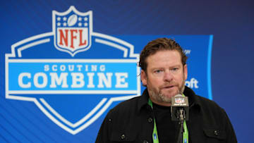 Feb 25, 2025; Indianapolis, IN, USA; Seattle Seahawks general manager John Schneider speaks during the NFL Scouting Combine at the Indiana Convention Center. Mandatory Credit: Kirby Lee-Imagn Images