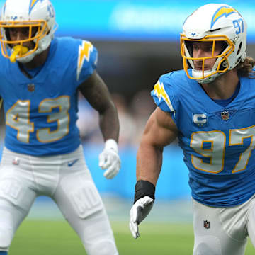 Jan 1, 2023; Inglewood, California, USA; Los Angeles Chargers linebacker Joey Bosa (97) against the Los Angeles Rams at SoFi Stadium. Mandatory Credit: Kirby Lee-USA TODAY Sports