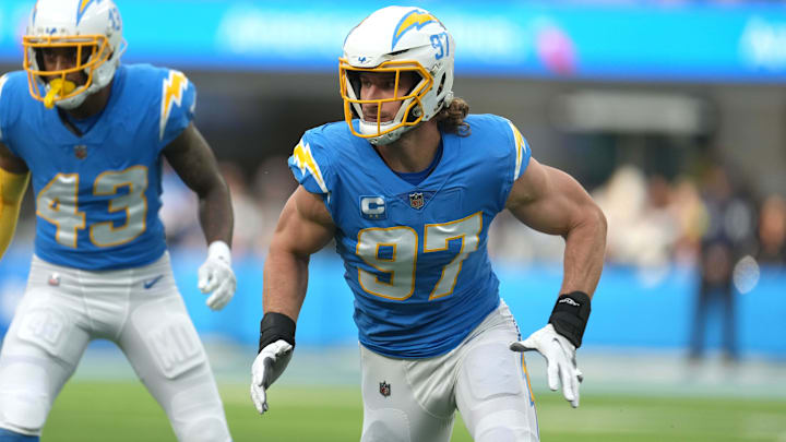 Jan 1, 2023; Inglewood, California, USA; Los Angeles Chargers linebacker Joey Bosa (97) against the Los Angeles Rams at SoFi Stadium. Mandatory Credit: Kirby Lee-USA TODAY Sports