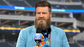 Ryan Fitzpatrick on the Thursday Night Football Tonight set at SoFi Stadium. Mandatory Credit: Kirby Lee-Imagn Images