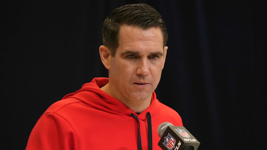 Feb 25, 2025; Indianapolis, IN, USA; New York Giants general manager Joe Schoen speaks during the NFL Scouting Combine at the Indiana Convention Center. Mandatory Credit: Kirby Lee-Imagn Images
