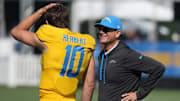 Los Angeles Chargers coach Jim Harbaugh and quarterback Justin Herbert.