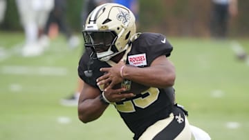 Aug 14, 2025; Carson, CA, USA; New Orleans Saints running back Clyde Edwards-Helaire (23) carries the ball against the Los Angeles Rams during a joint practice at the Dignity Health Sports Park. Mandatory Credit: Kirby Lee-Imagn Images