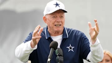 Dallas Cowboys owner Jerry Jones speaks during training camp opening ceremonies at the River Ridge Fields.
