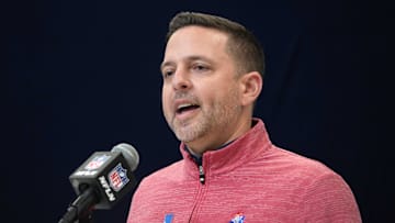 Feb 27, 2025; Indianapolis, IN, USA; New England Patriots general manager Eliot Wolf speaks during the 2025 NFL Scouting Combine at the Indiana Convention Center. Mandatory Credit: Kirby Lee-Imagn Images