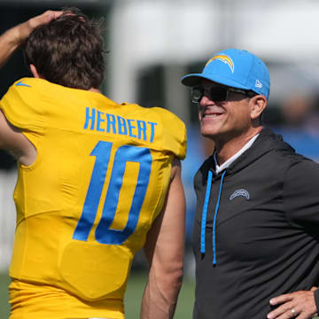 Los Angeles Chargers coach Jim Harbaugh and quarterback Justin Herbert.