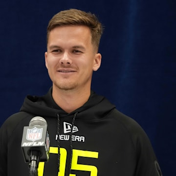 Feb 26, 2025; Indianapolis, IN, USA; Arizona place kicker Tyler Loop (PK05) during the 2025 NFL Scouting Combine at the Indiana Convention Center. Mandatory Credit: Kirby Lee-Imagn Images
