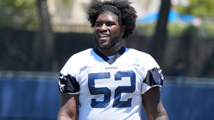 Dallas Cowboys guard Tyler Booker at training camp at the River Ridge Fields. Dallas Cowboys guard Tyler Booker at training camp at the River Ridge Fields.