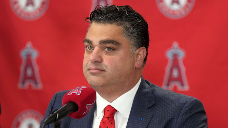 Nov 15, 2023; Anaheim, CA, USA; Los Angeles Angels general manager Perry Minasian at press