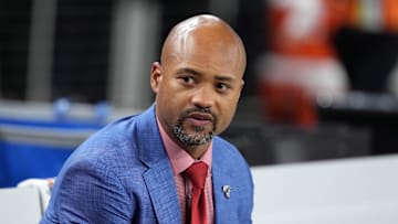 Dec 16, 2024; Paradise, Nevada, USA; Atlanta Falcons general manager Terry Fontenot reacts during the game against the Las Vegas Raiders at Allegiant Stadium. Mandatory Credit: Kirby Lee-Imagn Images