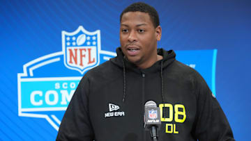 Texas defensive lineman Alfred Collins (DL08) during the 2025 NFL Scouting Combine at the Indiana Convention Center.