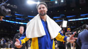 Apr 9, 2024; Los Angeles, California, USA; Golden State Warriors guard Klay Thompson (11) reacts after the game against the Los Angeles Lakers at Crypto.com Arena. Mandatory Credit: Kirby Lee-USA TODAY Sports