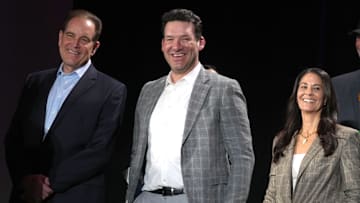 CBS Sports play-by-play announcer Jim Nantz, analyst Tony Romo, and sideline reporter Tracy Wolfson at press conference at the Super Bowl 58.