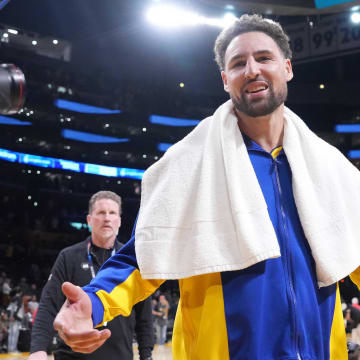 Apr 9, 2024; Los Angeles, California, USA; Golden State Warriors guard Klay Thompson (11) reacts after the game against the Los Angeles Lakers at Crypto.com Arena. Mandatory Credit: Kirby Lee-USA TODAY Sports